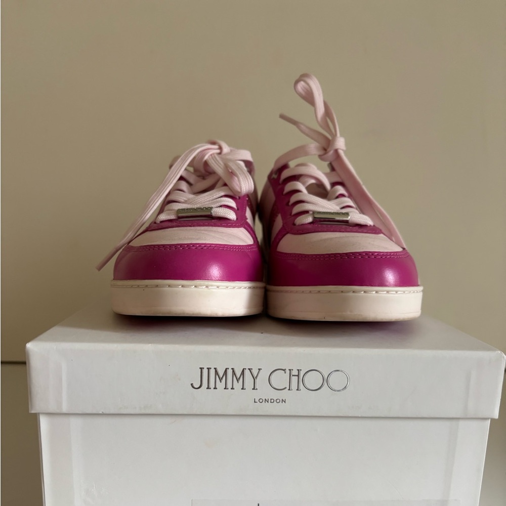 Jimmy Choo Pink and White Sneakers Vibrant Canvas Design WORN ONCE! Size 8